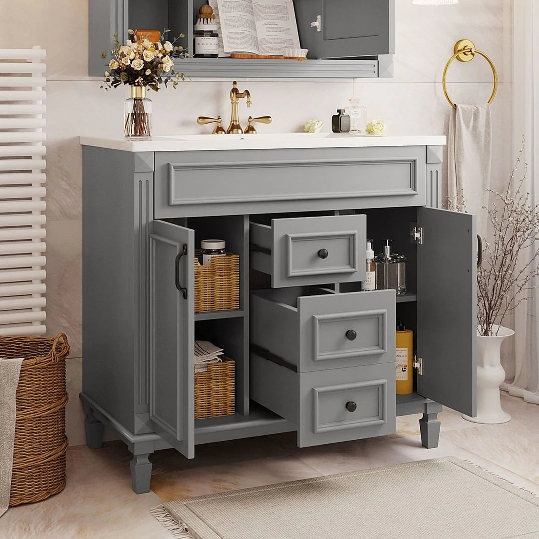 Meuble-lavabo moderne de 36 po avec vasque et armoire à miroir, 2 portes et 2 tiroirs