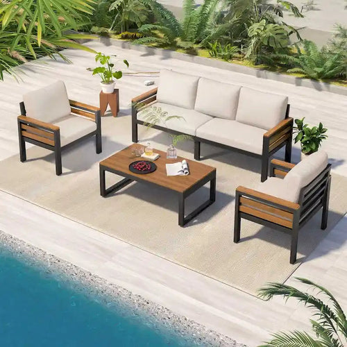 Ensemble de canapés d'extérieur 4 pièces pour 5 personnes avec table basse en bois massif et coussins amovibles