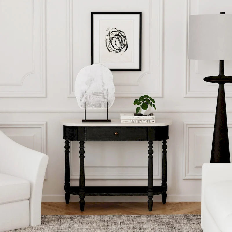 Table console avec plateau en marbre – Brun clair / Gris / Noir délavé, demi-lune, montage par une personne