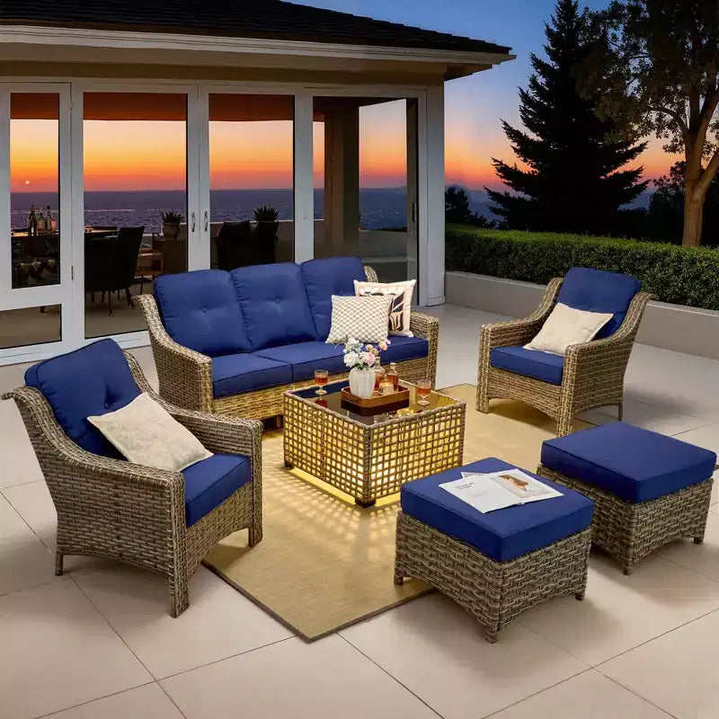 Ensemble de conversation de patio HOMLUX 6 pièces, canapé 3 places avec coussins, chaises en rotin, poufs, table basse