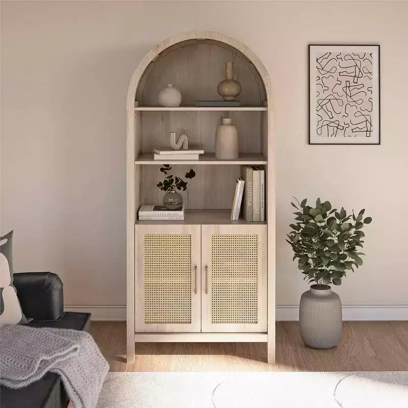 Meuble de Rangement Bohème à Arches avec 2 Portes en Faux Rotin, 5 Étagères Réglables pour Salon, Cuisine, Beige