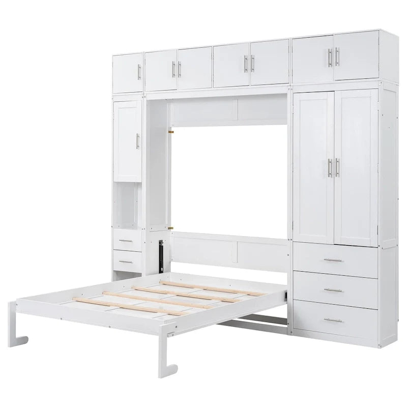 Lit escamotable moderne blanc pleine grandeur avec tiroirs, casiers et armoires