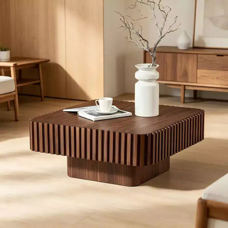Table basse tambour artisanale moderne 31,5 po, carrée, piètement en MDF noyer