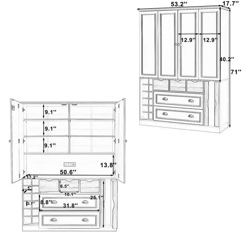 Armoire de cuisine autoportante haute Whisen 71, grand buffet de rangement pour salle à manger avec 4 portes pliantes, étagères et casiers à vin