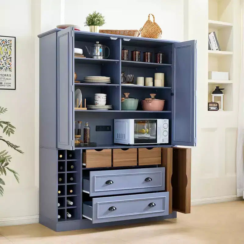Armoire de cuisine autoportante haute Whisen 71, grand buffet de rangement pour salle à manger avec 4 portes pliantes, étagères et casiers à vin