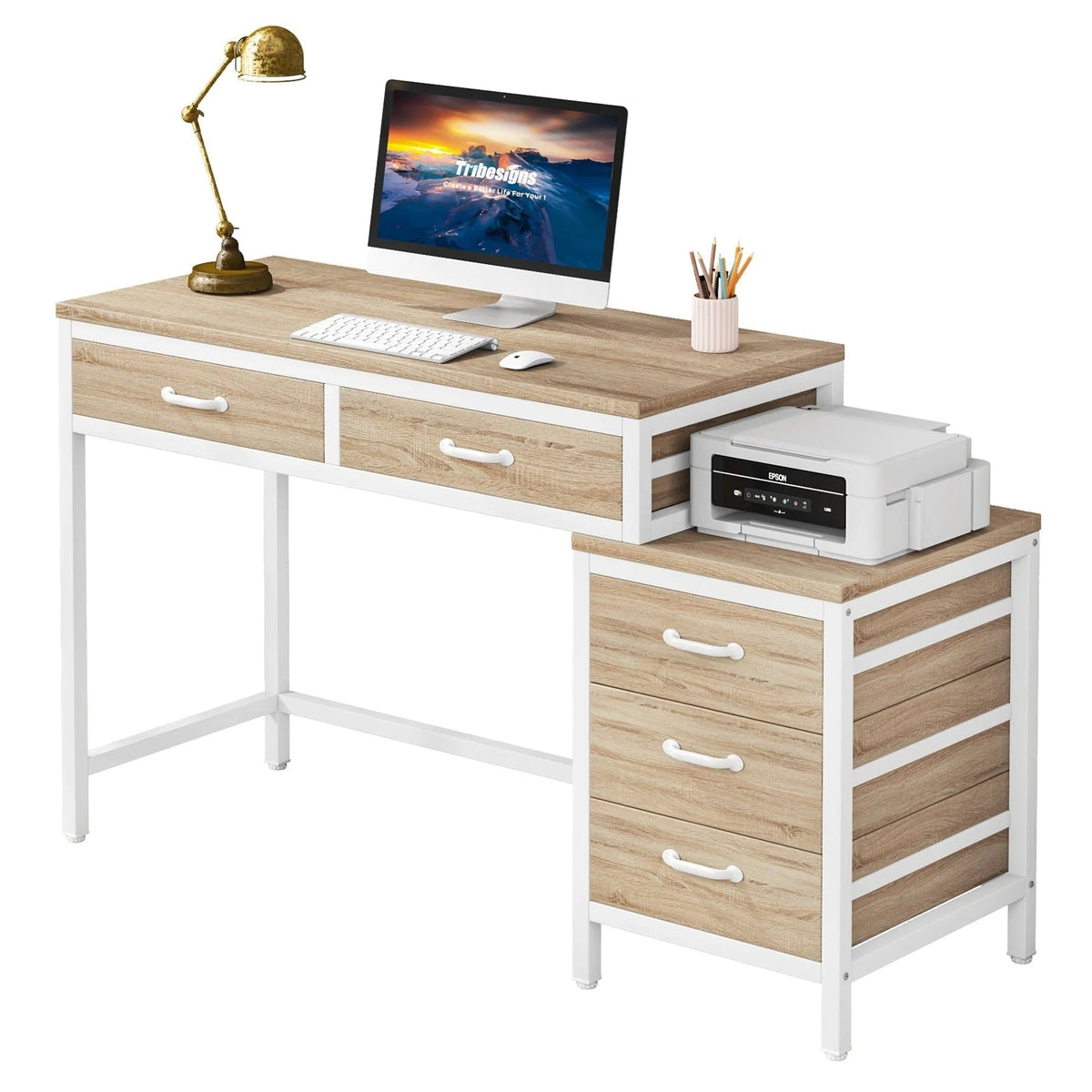 Bureau d'ordinateur réversible avec 5 tiroirs, bureau de travail à domicile avec caisson de rangement pour dossiers et support pour imprimante