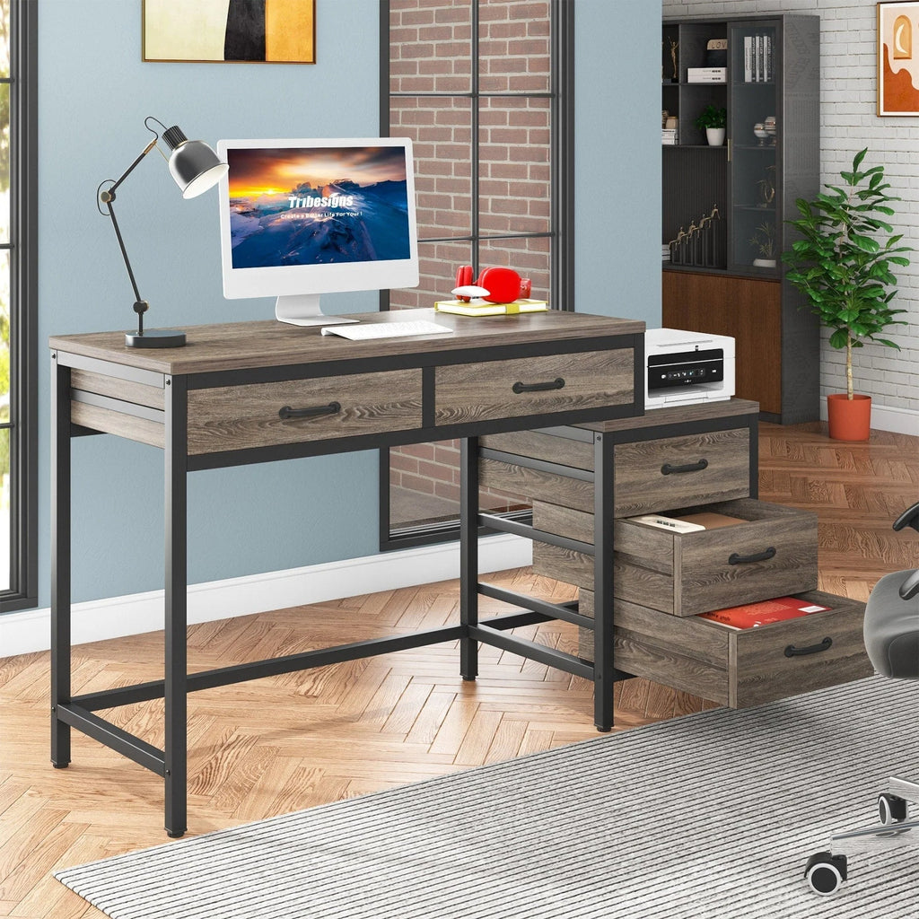 Bureau d'ordinateur réversible avec 5 tiroirs, bureau de travail à domicile avec caisson de rangement pour dossiers et support pour imprimante