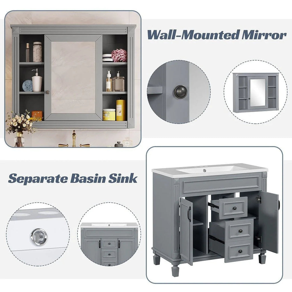 Meuble-lavabo moderne de 36 po avec vasque et armoire à miroir, 2 portes et 2 tiroirs