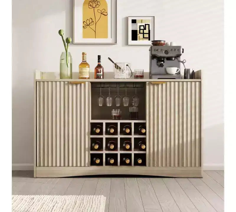 Meuble de bar à vin moderne de 120 cm avec 9 porte-verres, 12 casiers à vin, design cannelé, 2 portes, buffet de rangement pour salle à manger et salon