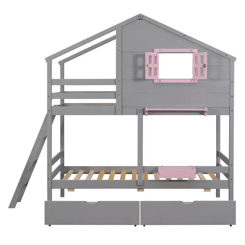 Lit superposé cabane jumeau sur jumeau avec 2 tiroirs, étagères de rangement et fenêtre