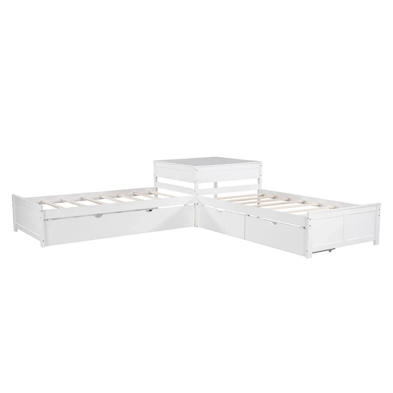 Lit plateforme moderne blanc en forme de L pour deux personnes avec lit gigogne et tiroirs pour chambre à coucher