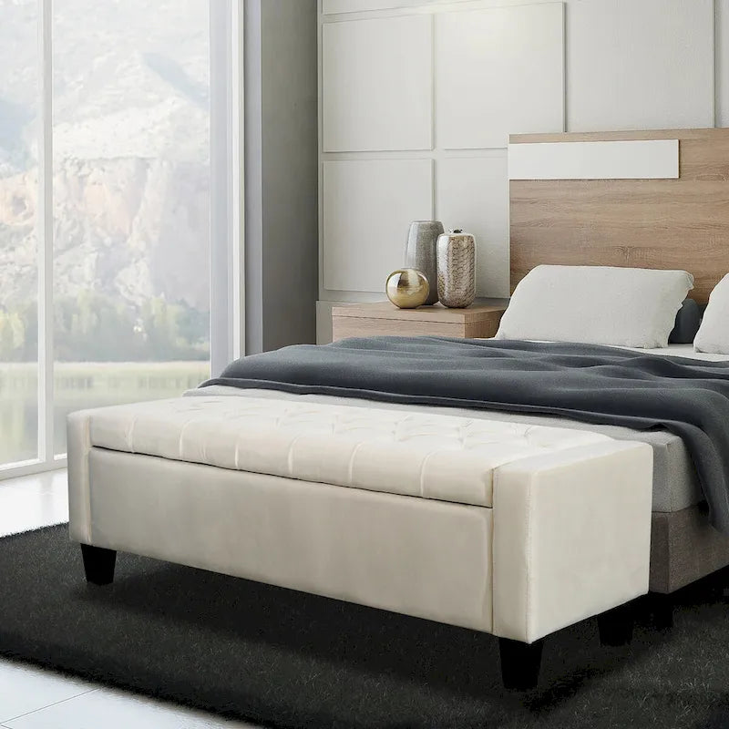 Banc de rangement capitonné en velours avec dessus rabattable
